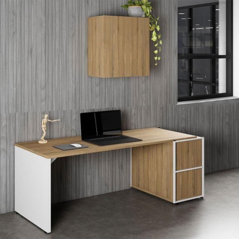 Mesa para Escritório com Balcão e Armário Aéreo 2 Portas MDP Macadâmia com Branco F5