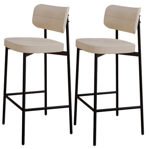 Kit 02 Banquetas Alta Bar Cozinha Sala de Jantar Aço Preto Kaira C01 Linho Areia - Lyam Decor