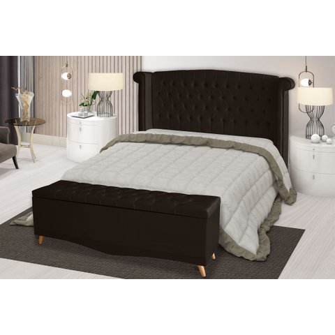 Kit Cabeceira de Cama Box e Calçadeira Baú Malibu King 195 Cm Suede Marrom Eli Móveis