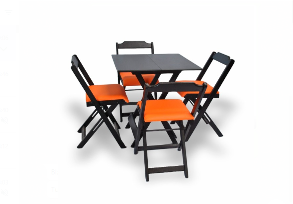 Conjunto Mesa Dobrável 70x70cm - Preto c/ estofado laranja