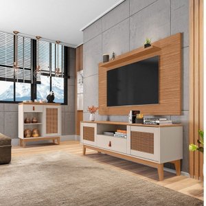 Kit 3 Peças Rack com Painel para TV até 60 Polegadas Retrô Esmeralda e Aparador Rubi
