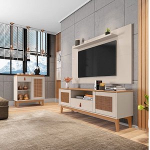 Kit 3 Peças Rack com Painel para TV até 60 Polegadas Retrô Esmeralda e Aparador Rubi