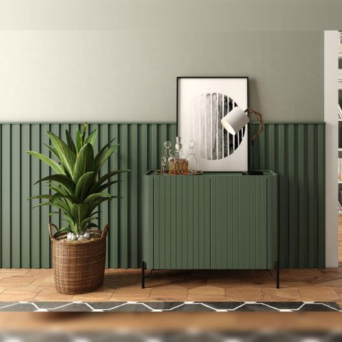 Aparador Buffet C/ Portas Brise e Painel Ripado 240cm em Mdf Cor:musgo com Preto