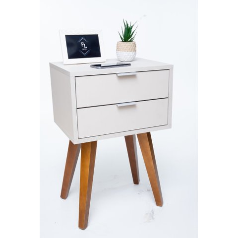 Mesa De Cabeceira Retro OFF WHITE COM 2 GAVETAS DE 30cm Pé CASTANHO ENVIO MONTADA