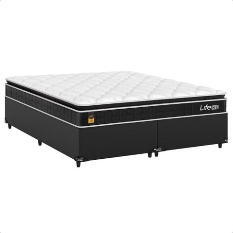 Cama Box Queen Couro Preto + Colchão Life D33 Pillow Top Preto 56x158x198cm - e-Shop