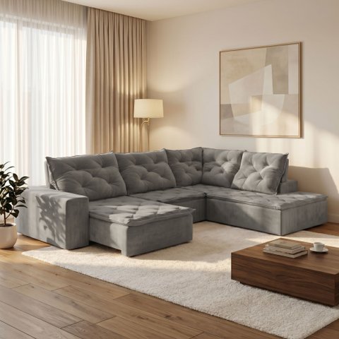 Sofá de Canto Retrátil e Reclinável 3 Lugares com Chaise 325x225cm Pés em Madeira Maciça Nice
