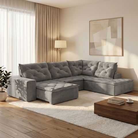 Sofá de Canto Retrátil e Reclinável 3 Lugares com Chaise 345x225cm Pés em Madeira Maciça Nice