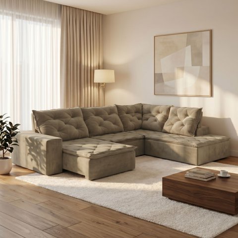 Sofá de Canto Retrátil e Reclinável 3 Lugares com Chaise 385x225cm Pés em Madeira Maciça Nice