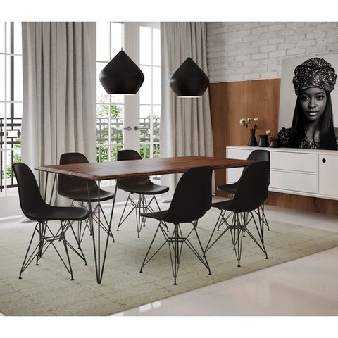 Conjunto De Mesa Eames Clips De Ferro Preto Tampo Amêndoa 135x75 6 Cadeiras Preta Assento Preto