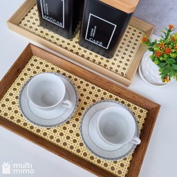 Bandeja Decorativa Retangular com Palhinha e Vidro Cor Marrom 31x18 Cm - 4