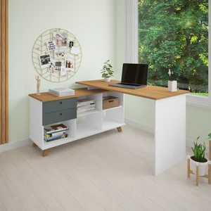 Escrivaninha Retrô em L para Escritório e Home Office com 2 Gavetas e 5 Nichos Gold