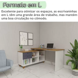 Escrivaninha Retrô em L para Escritório e Home Office com 2 Gavetas e 5 Nichos Gold - 13