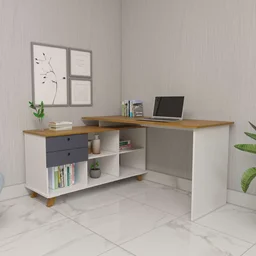 Escrivaninha Retrô em L para Escritório e Home Office com 2 Gavetas e 5 Nichos Gold - 6