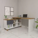 Ver imagem 6 de Escrivaninha Retrô em L Mesa Escritório e Home Office com 2 Gavetas e 5 Nichos Gold