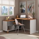 Ver imagem 1 de Escrivaninha Retrô em L Mesa Escritório e Home Office com e Gold 2 Gavetas 5 Nichos 145cm Marrom Art