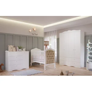 Quarto de Bebê 3 Peças com Berço Capitonê Cômoda 4 Gavetas e Guarda Roupa 4 Portas 4 Gavetas Aquarela Espresso Móveis