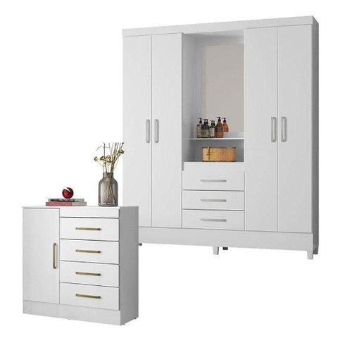 Cômoda Montevidéu e Guarda Roupa Casal Capelinha Pérsia Branco - Demóbile