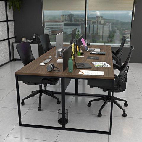Escrivaninha Mesa Escritório com 2 Gavetas 4 Lugares 240cm Industrial Nogal e Preto Marrom
