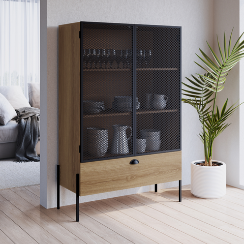 Cristaleira Industrial Retrô 2 Portas 1 Gaveta Madeira/Aço 93cm York Bege/Hanover/Preto