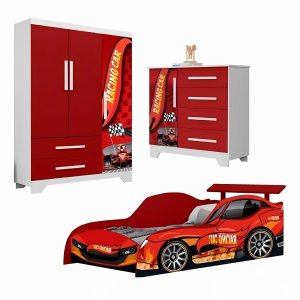 Kit Quarto Meninos Infantil Completo Cama Roupeiro Cômoda:vermelho