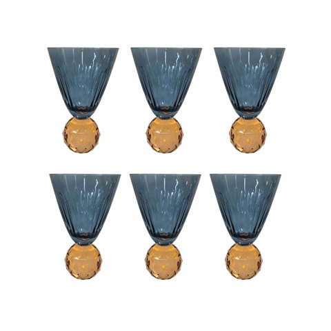 Conjunto 6 Taças em Vidro Azul com Base de Cristal Esculpido Laranja 425ml BJ0044 Btc