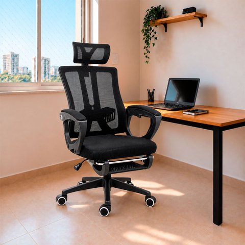 Cadeira de Escritório Presidente Paris Ergonômica Tela Mesh Reclinável com Apoio para Pés Preto