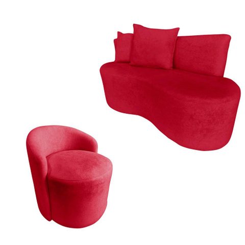 Kit Namoradeira + Poltrona Yara Orgânica Suede Vermelho