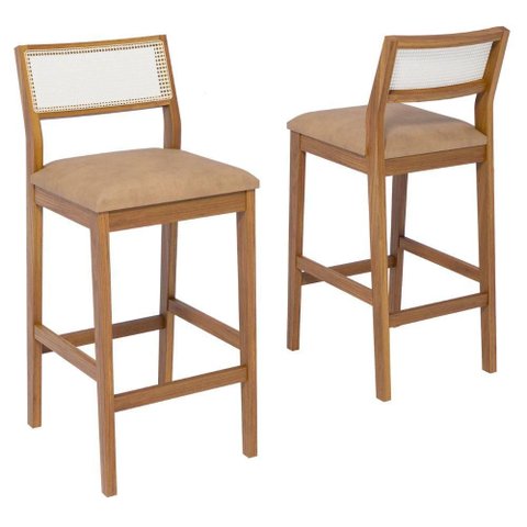 Kit 2 Banquetas Alta com Encosto Bella Madeira Maciça Tauari Corino Kaki Natuem
