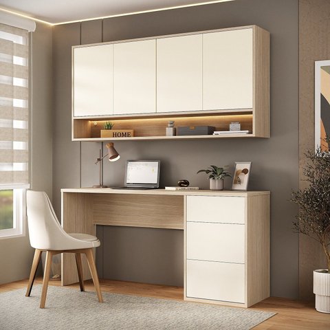 Conjunto Escrivaninha 3 Gavetas Armário Aéreo 4 Portas e Nicho LED Office Elegance Bege/Galiano Grann/Argila
