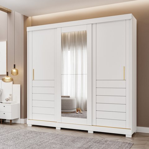 Guarda Roupa com Espellho 3 Portas 6 Gavetas Cecília Slide Branco