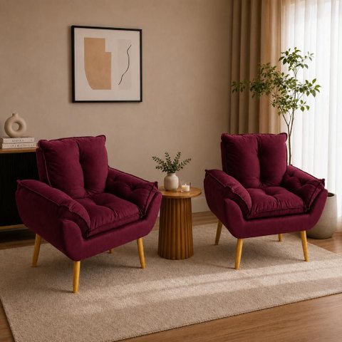 Kit 2 Poltronas Decorativa Estofada Sala Quarto Escritório Opala Madeira