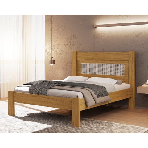 Cama Clara Casal Nature com Detalhe em Rattan de Mdf com Estrado Madeira