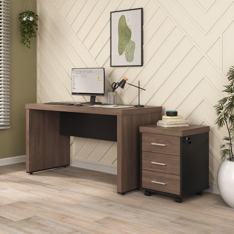 Mesa Escritório Tamburato com Gaveteiro Tamburato Charuto/Preto 1 Gaveta 135,6cm Charuto E Preto