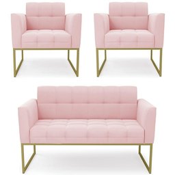Sofá Namoradeira e 2 Poltronas Base Industrial Dourado Ana Suede Rosa Bebê - 1