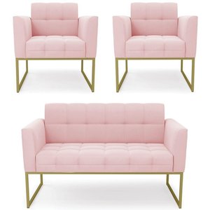 Sofá Namoradeira e 2 Poltronas Base Industrial Dourado Ana Suede Rosa Bebê