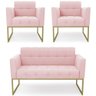 Sofá Namoradeira e 2 Poltronas Base Industrial Dourado Ana Suede Rosa Bebê - 1