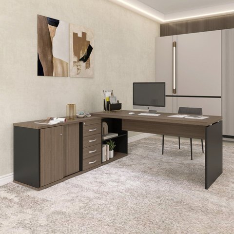 Mesa Balcão para Escritório com 4 Gavetas 189x75cm Preto/Walnut
