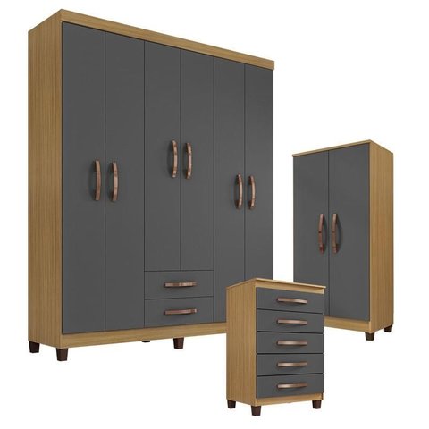 Guarda Roupa Casal Modena com Cômoda Cannes 5 Gavetas e Armário Multiuso Recife Carvalho Americano G