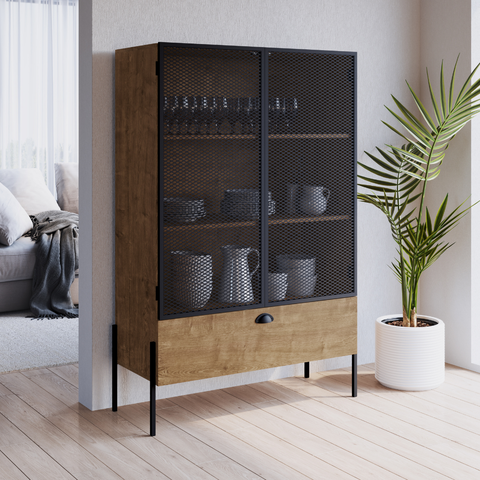 Cristaleira Industrial Retrô 2 Portas 1 Gaveta Madeira/Aço 93cm York Marrom/Vermont/Preto
