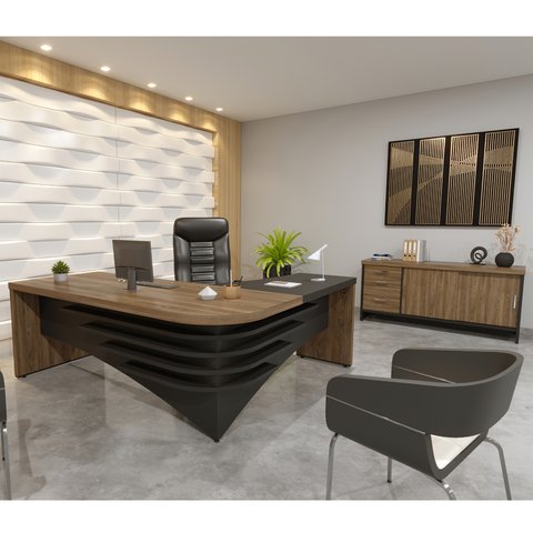 Conjunto Escritório com Mesa Diretor Ld Balcão 2 Portas 3 Gavetas Tamburato Artany Charuto Preto