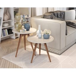 Jogo Conjunto 2 Mesa Mesinha Lateral Canto Tati Pé Palito Tampo 52cm Off White - 1