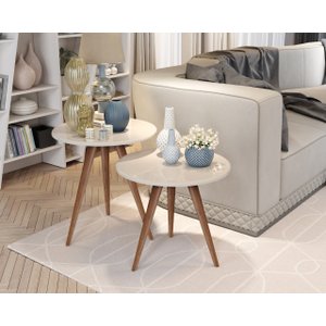 Jogo Conjunto 2 Mesa Mesinha Lateral Canto Tati Pé Palito Tampo 52cm Off White