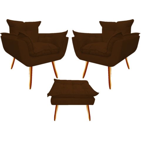 Kit 2 Poltronas + Puff Decorativo Opala Suede Marrom Pés Madeira Mz Decor