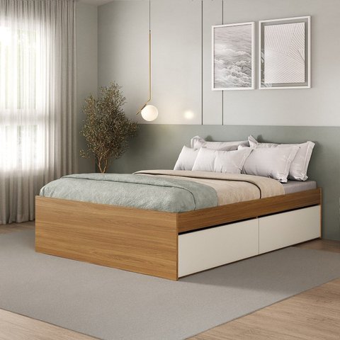 Cama Queen 4 Gavetas 100% MDF Aurora Yescasa Marrom/Carvalho Hanover