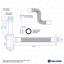 Sifão Metálico Flexível com Copo para Banheiro Line Dourado para Válvula de 1.1/4" - 7