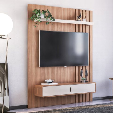 Painel Ripado para TV até 50 Polegadas 144,4cmx180cm 2 Portas Otto Marrom Freijó