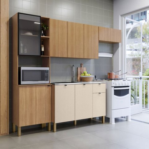 Cozinha Compacta Vert Plus 9 Portas 1 Gaveta 100% Mdf com Vidro Freijó/soft - Kits Paraná