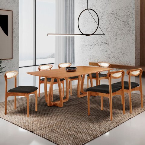 Sala de Jantar Mesa Flora 180cm Tampo Laminado Barril e 6 Cadeiras Noronha Premium Moderna Mobília