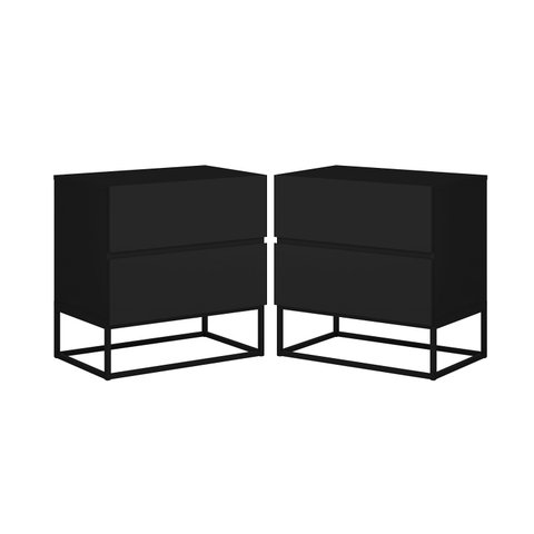 Conjunto 2 Mesa de Cabeceira Estilo Industrial 2 Gavetas Eros 45 Base Preta:preto