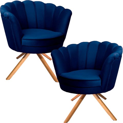 Kit Duas Poltronas Pétalas Giratórias Ferro e Madeira Azul Marinho